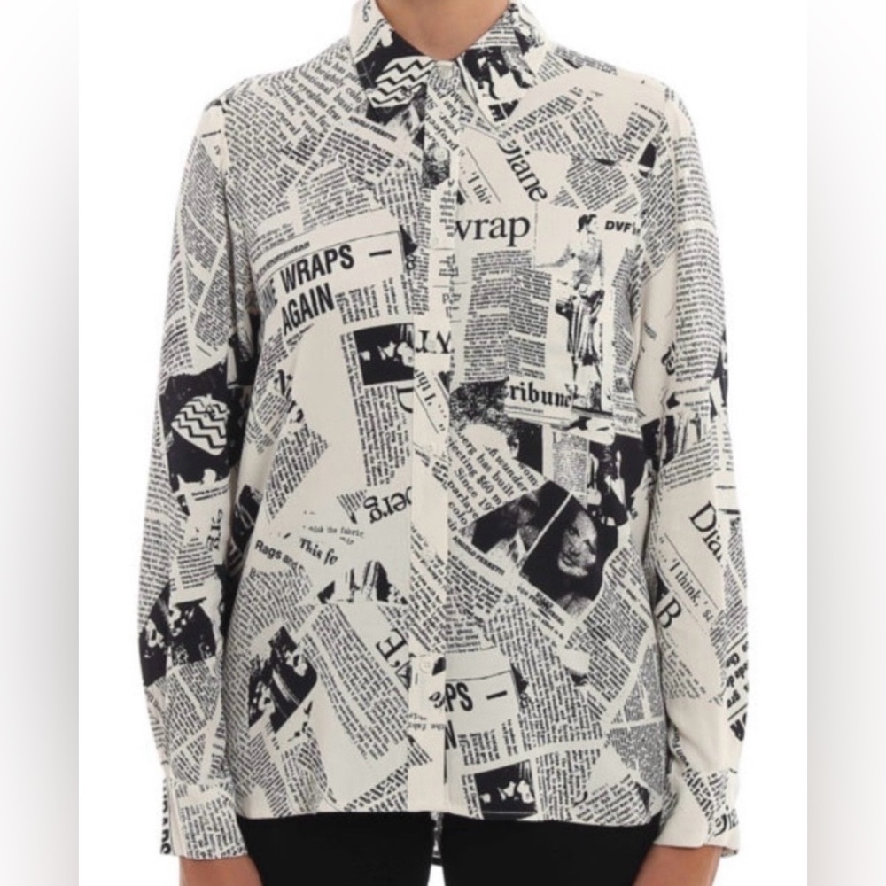 Diane Von Furstenberg Loralei Newspaper Print Crepe Blouse S